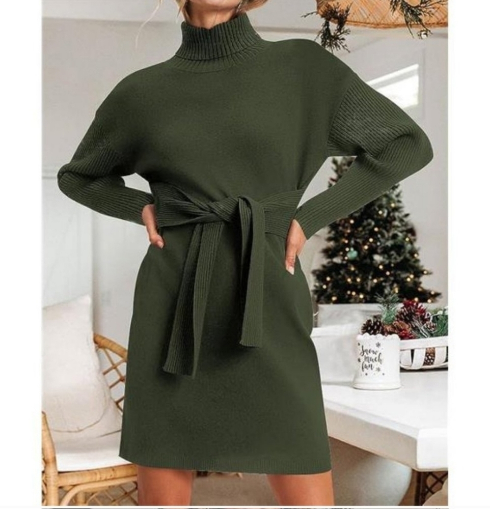 NWOT Fashion Women's Turtleneck Tie Waist Green Ribben Knit Dress Size S 4/6